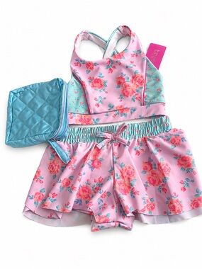 btween Active swim Pink & Aqua Floral 2 PC SWIMSUIT SET WITH SHORT & BAG